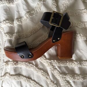 Black Leather Platform Sandal with Wood-Tone Block Heel